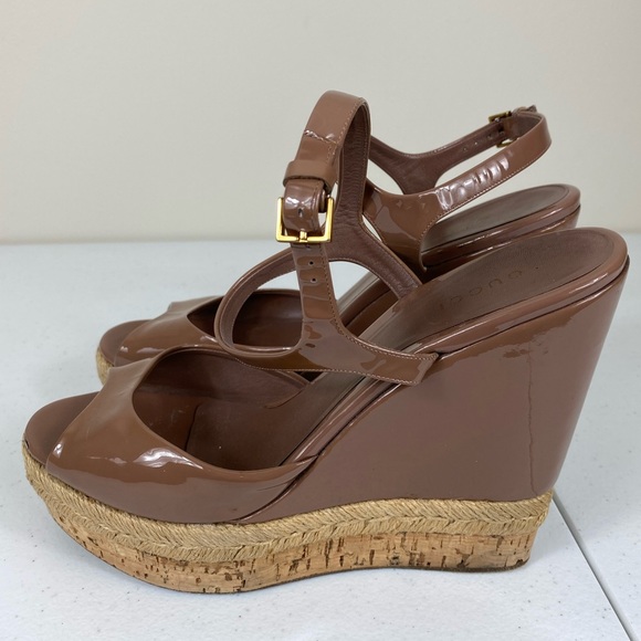 Gucci Platform Patent Mocha Wedge 38 - Picture 3 of 11